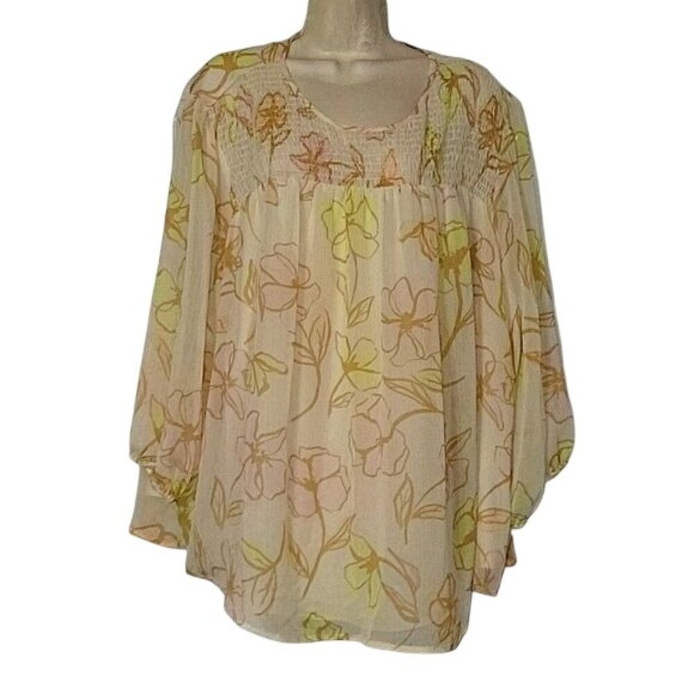 EVRI‎ Women's 3X Floral Print Smocked Neck Long Sleeve Gauze Blouse Cream Peach